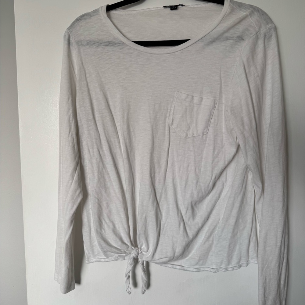 J. Crew Mercantile White Long Sleeve Tie-Front Top with Pocket - Picture 4 of 5